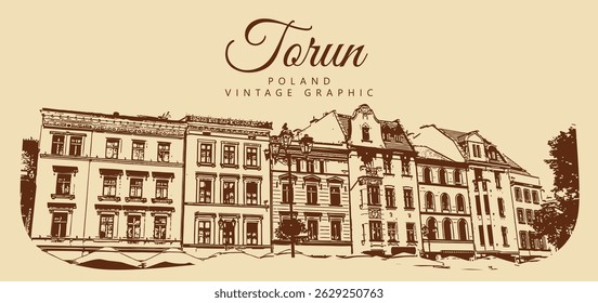 City ancient architecture, Torun, Poland. Vintage brown and beige graphics, engraved, vector. Old retro design.