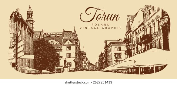 City ancient architecture, Torun, Poland. Vintage brown and beige graphics, engraved, vector. Old retro design.
