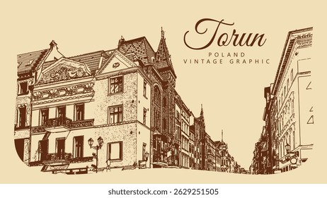 City ancient architecture, Torun, Poland. Vintage brown and beige graphics, engraved, vector. Old retro design.