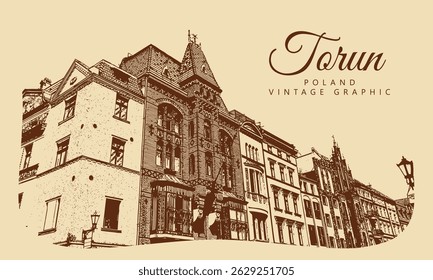 City ancient architecture, Torun, Poland. Vintage brown and beige graphics, engraved, vector. Old retro design.