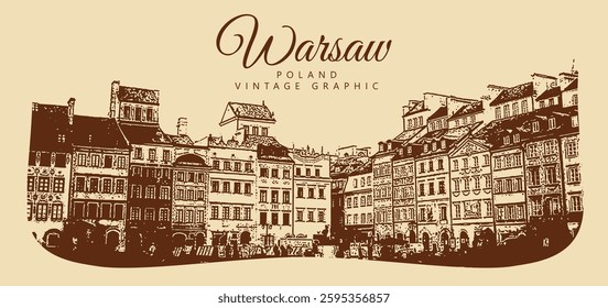 City ancient architecture, Warsaw, Poland. Vintage brown and beige graphics, engraved, vector. Old retro design.