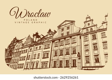 City ancient architecture, Wroclaw, Poland. Vintage brown and beige graphics, engraved, vector. Old retro design.