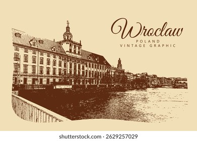 Arquitetura antiga da cidade, Wroclaw, Polônia. Gráficos castanho e bege vintage, gravados, vetor. Projeto retrô antigo.