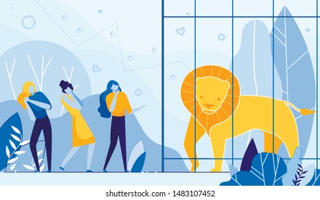 City Animal Zoo Park Visit. Cartoon Lion behind Bars, People Look Vector Illustration. African Animal King Confine in Cell Cage. Cute Leo Big Mane Character. Woman Visitor, Travel, Trip, Vacation