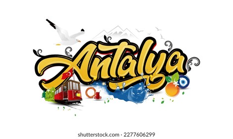 City of Antalya logo text Turkey Mediterranean summer travel beach destination holiday sunset trees orange evil eye begonia tram toros mountains five star hotel music night out fish wine raki