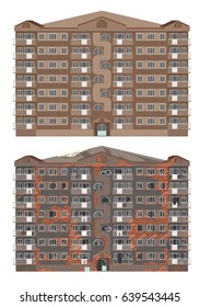 A city apartment building in good condition and in an abandoned state. Vector illustration, a flat style design. Isolated on a white background.