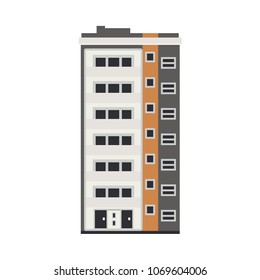 City apartment house front view in flat style isolated on white background. Modern high-rise building exterior with windows, balconies and doors - real estate and property concept. Vector illustration