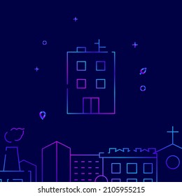 City apartment house gradient line vector icon, simple illustration on a dark blue background, cityscape buildings related bottom border.