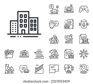 City apartments sign. Floor plan, stairs and lounge room outline icons. Buildings line icon. Architecture building symbol. Buildings line sign. House mortgage, sell building icon. Real estate. Vector