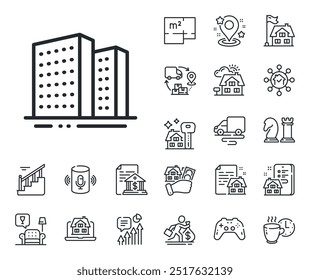 Sinal de apartamentos da cidade. Planta de chão, escadas e ícones da sala de estar. Ícone da linha de prédios. Símbolo do edifício de arquitetura. Sinal de linha de prédios. Moradia, venda de ícone de construção. Imóveis. Vetor