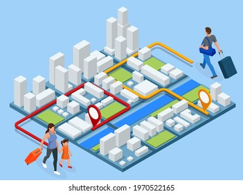 City app, traveling backpacker. Isometric gps navigation concept. Tourist traveling using his smartphone with previously saved favorite places on map.