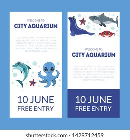City Aquarium Exhibition Banner Templates Set, Flyer, Poster, Invitation Card with Sea Animals Vector Illustration