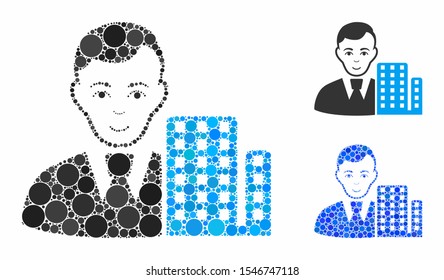City architect composition of filled circles in different sizes and color tinges, based on city architect icon. Vector filled circles are composed into blue composition.