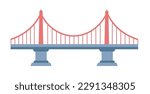 City architectural design and planning, isolated suspension bridge with pillars and concrete construction. Modern town road and passage for pedestrians and vehicles crossing. Vector in flat style