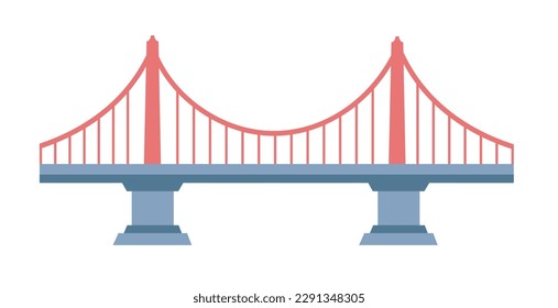 City architectural design and planning, isolated suspension bridge with pillars and concrete construction. Modern town road and passage for pedestrians and vehicles crossing. Vector in flat style