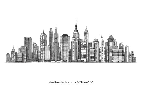 City. Architectural modern buildings in panoramic view. Sketch vector illustration