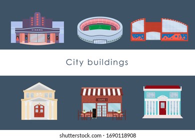 City architecture. Buildings for city streets: cinema, stadium, shopping center, theater, coffee shop museum vector illustration