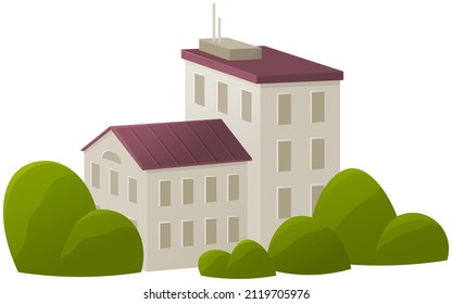 City architecture with houses and greenery. Area, district with residential building and green spaces. Multi-apartment buildings of different heights. Apartments in modern house vector illustration
