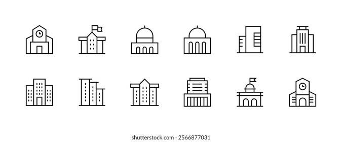 City and architecture icon collection. Modern building, skyscrapers, city building, residence, cityscape, architectural building and more. Editable stroke. Pixel Perfect. Grid base 32px.