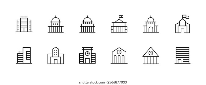 City and architecture icon collection. Modern building, skyscrapers, city building, residence, cityscape, architectural building and more. Editable stroke. Pixel Perfect. Grid base 32px.