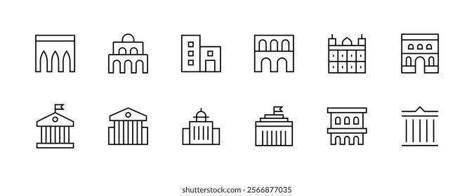 City and architecture icon collection. Modern building, skyscrapers, city building, residence, cityscape, architectural building and more. Editable stroke. Pixel Perfect. Grid base 32px.