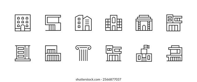 City and architecture icon collection. Modern building, skyscrapers, city building, residence, cityscape, architectural building and more. Editable stroke. Pixel Perfect. Grid base 32px.