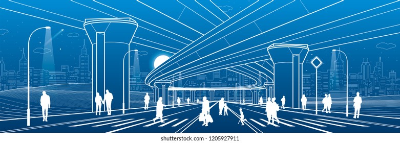 City architecture and infrastructure illustration, automotive overpass, big bridges, urban scene. People walking at street. Night town highway. White lines on blue background. Vector design art