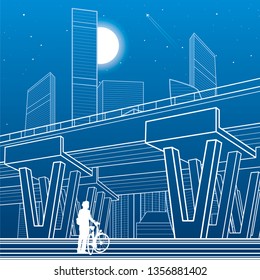 City architecture and infrastructure illustration, automotive overpass, big bridge, urban scene. Night town. White lines on blue background. Vector design art