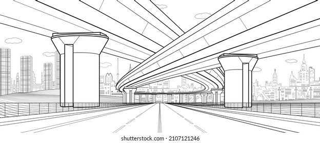 City architecture and infrastructure illustration, automotive overpass, big bridges, urban scene. Black outlines on white background. Vector design art
