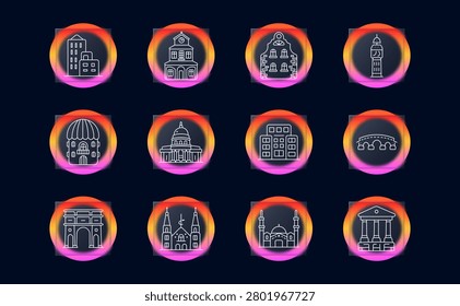 City architecture landmark set icon. Line icons display buildings, tower, dome structure, classical facade, arch monument, mosque silhouette, urban skyline, cultural architecture concept