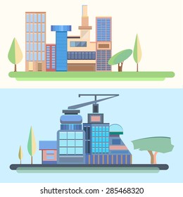 City architecture in a minimalist style flat. Buildings with the terrain and trees. Vector illustration