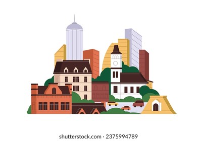 City architecture, modern new and old buildings, car road. Cityscape, urban landscape. High multistory and low-rise houses, constructions. Flat graphic vector illustration isolated on white background