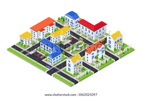 City architecture - modern vector colorful isometric\
illustration. Urban landscape with apartment houses, road with\
cars, square with a fountain. Real estate, housing complex,\
construction idea