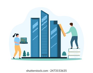City architecture planning and optimization by architects and engineers, designers. Tiny people work on modern skyscraper project with builders tools, improve building cartoon vector illustration
