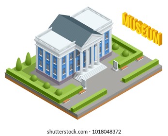 City architecture public government building. Isometric museum building. Exterior of Museum building with title and columns.