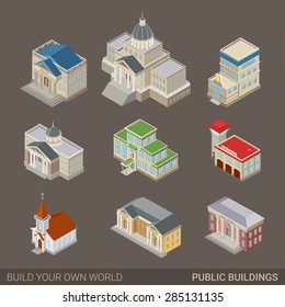 City architecture public government buildings flat 3d web isometric icon set. Mayor office bank police court house hospital fire station church museum post. Build your own world infographic collection