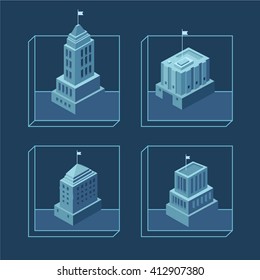 City architecture public government buildings flat 3d web isometric icon set. Mayor office, town hall, bank, police court, business centre, hospital, museum, post
