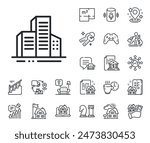 City architecture sign. Floor plan, stairs and lounge room outline icons. Buildings line icon. Skyscraper building symbol. Buildings line sign. House mortgage, sell building icon. Real estate. Vector
