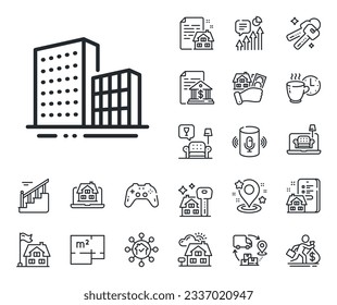 City architecture sign. Floor plan, stairs and lounge room outline icons. Buildings line icon. Skyscraper building symbol. Buildings line sign. House mortgage, sell building icon. Real estate. Vector