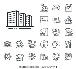 City architecture sign. Floor plan, stairs and lounge room outline icons. Buildings line icon. Skyscraper building symbol. Buildings line sign. House mortgage, sell building icon. Real estate. Vector