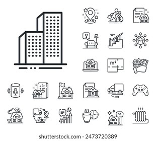 City architecture sign. Floor plan, stairs and lounge room outline icons. Skyscraper buildings line icon. Town symbol. Skyscraper buildings line sign. House mortgage, sell building icon. Vector