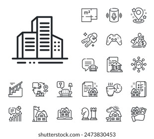 City architecture sign. Floor plan, stairs and lounge room outline icons. Buildings line icon. Skyscraper building symbol. Buildings line sign. House mortgage, sell building icon. Real estate. Vector