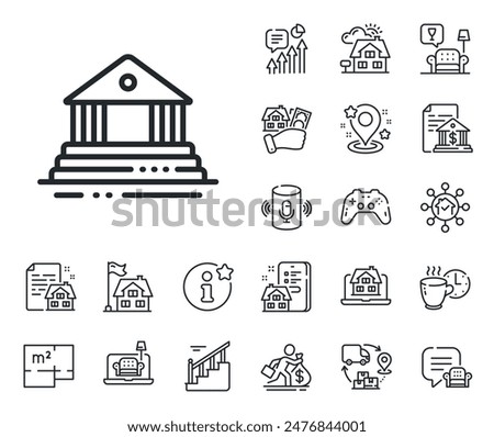 City architecture sign. Floor plan, stairs and lounge room outline icons. Court building line icon. Courthouse, government symbol. Court building line sign. House mortgage, sell building icon. Vector