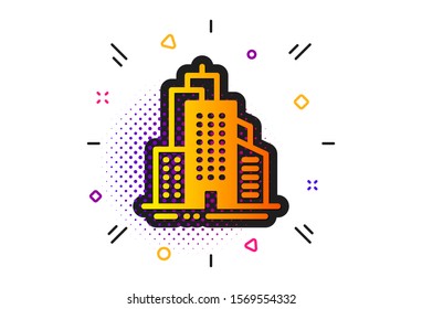 City architecture sign. Halftone circles pattern. Skyscraper buildings icon. Town symbol. Classic flat skyscraper buildings icon. Vector