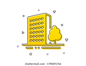 City architecture with tree sign. Buildings icon. Skyscraper building symbol. Yellow circles pattern. Classic buildings icon. Geometric elements. Vector