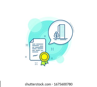 City architecture with tree sign. Certification complex icon. Buildings line icon. Skyscraper building symbol. Certificate or diploma document. Buildings sign. Vector