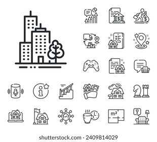 City architecture with tree sign. Floor plan, stairs and lounge room outline icons. Skyscraper buildings line icon. Town symbol. Skyscraper buildings line sign. Vector