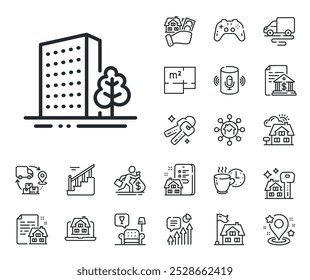 Arquitetura da cidade com signo de árvore. Planta de chão, escadas e ícones da sala de estar. Ícone da linha de prédios. Símbolo do prédio do arranha-céu. Sinal de linha de prédios. Moradia, venda de ícone de construção. Vetor