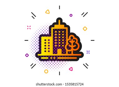 City architecture with tree sign. Halftone circles pattern. Skyscraper buildings icon. Town symbol. Classic flat skyscraper buildings icon. Vector