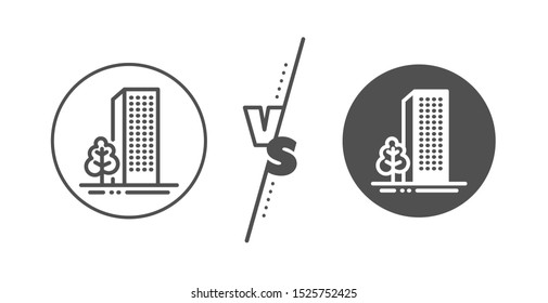 City architecture with tree sign. Versus concept. Buildings line icon. Skyscraper building symbol. Line vs classic buildings icon. Vector